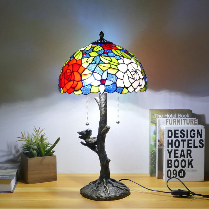 Dragonfly Flower Stained Glass 2-Light Table Lamp