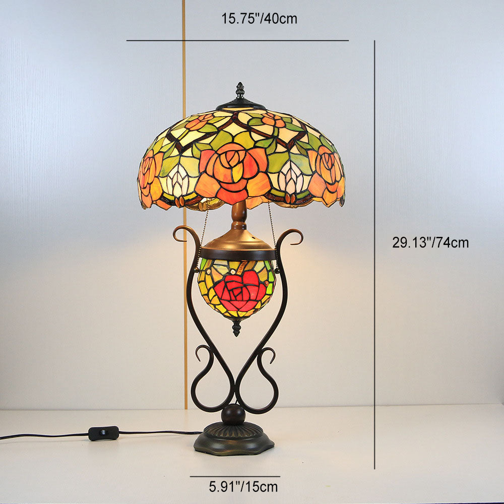 Floral Stained Glass Round 3-Light Table Lamp