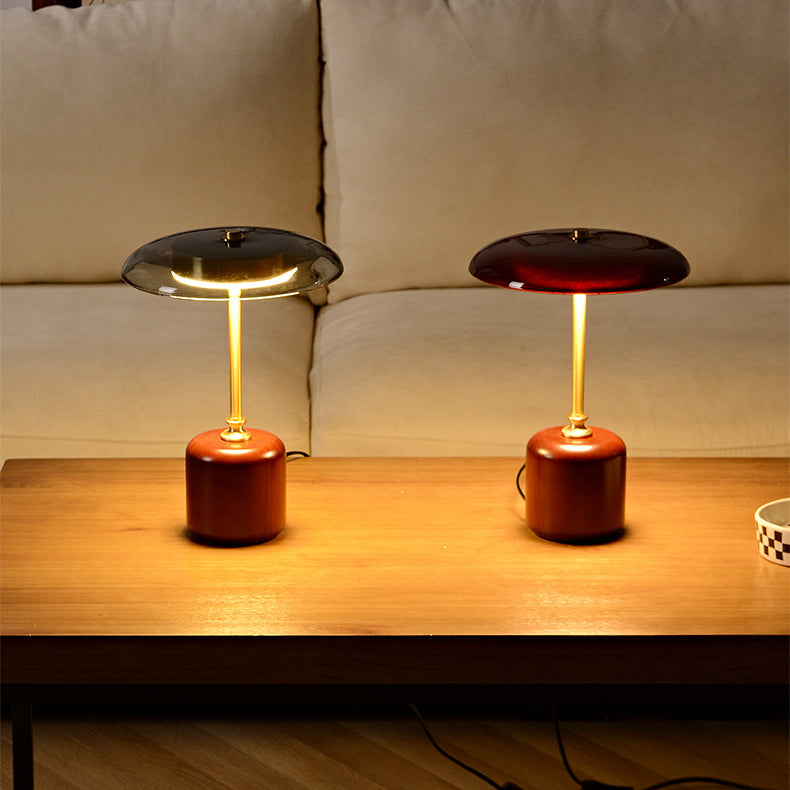 Brass Wood Glass Round Table Lamp