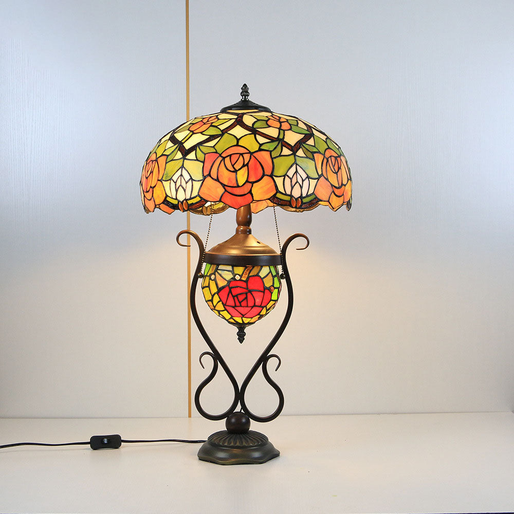 Floral Stained Glass Round 3-Light Table Lamp