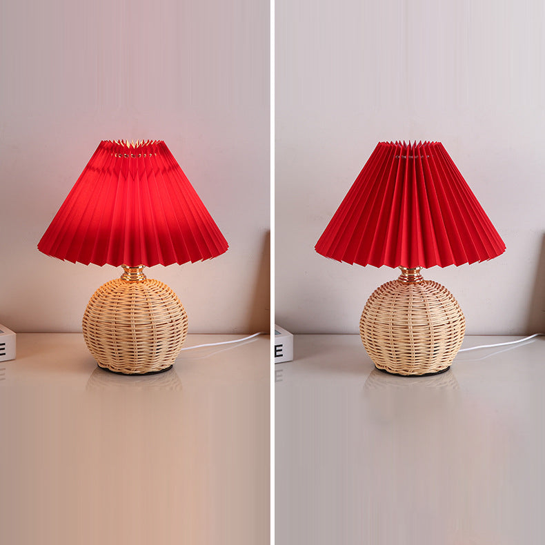 Rattan Fabric Pleated Conic Table Lamp