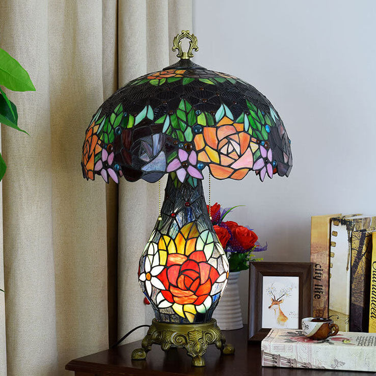 Roses Stained Glass 3-Light Table Lamp