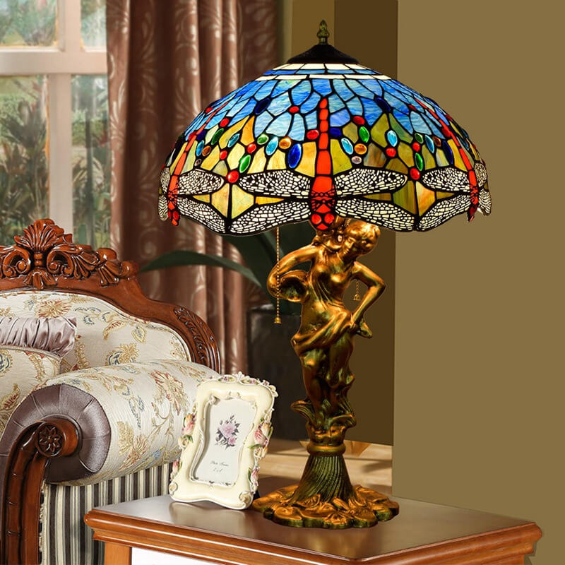 Mediterranean Dragonfly Stained Glass 3-Light Table Lamp