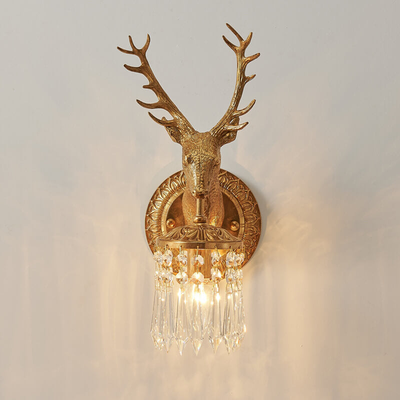 Deer Head Brass Crystal Wall Lamp