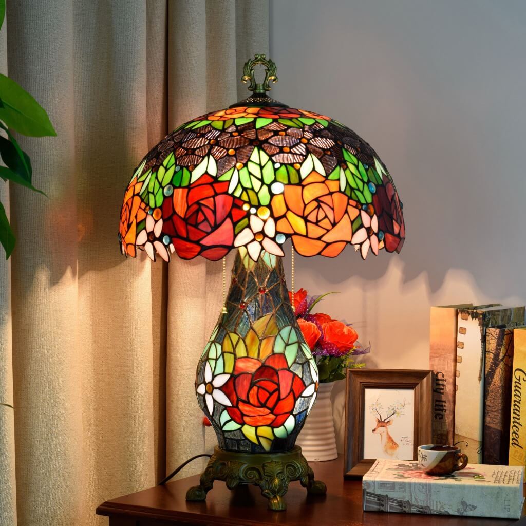 Roses Stained Glass 3-Light Table Lamp