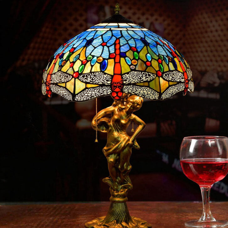 Mediterranean Dragonfly Stained Glass 3-Light Table Lamp