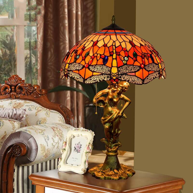 Red Dragonfly Stained Glass 3-Light Table Lamp
