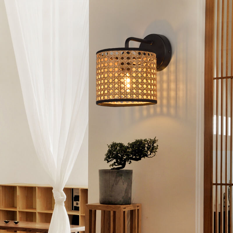 Rattan Weaving Drum Wall Lamp