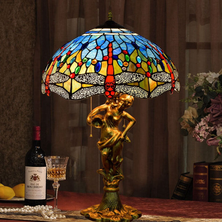 Mediterranean Dragonfly Stained Glass 3-Light Table Lamp