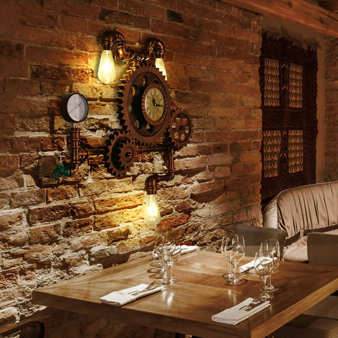 Gear Water Pipe Clock 3-Light Wall Lamp