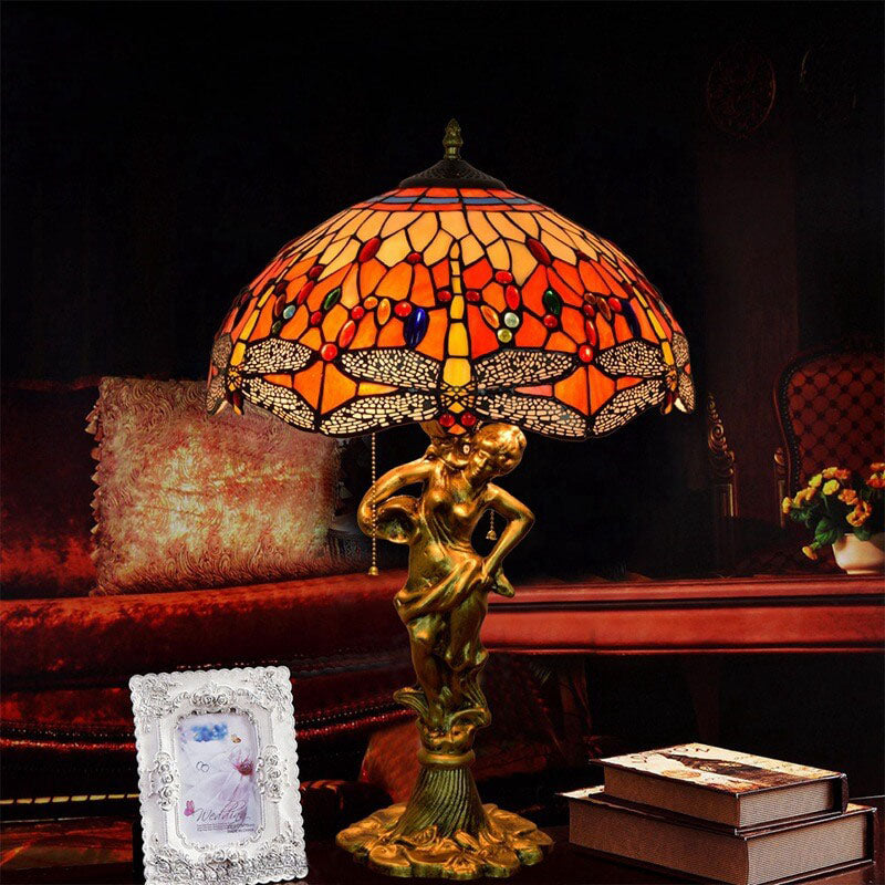 Red Dragonfly Stained Glass 3-Light Table Lamp