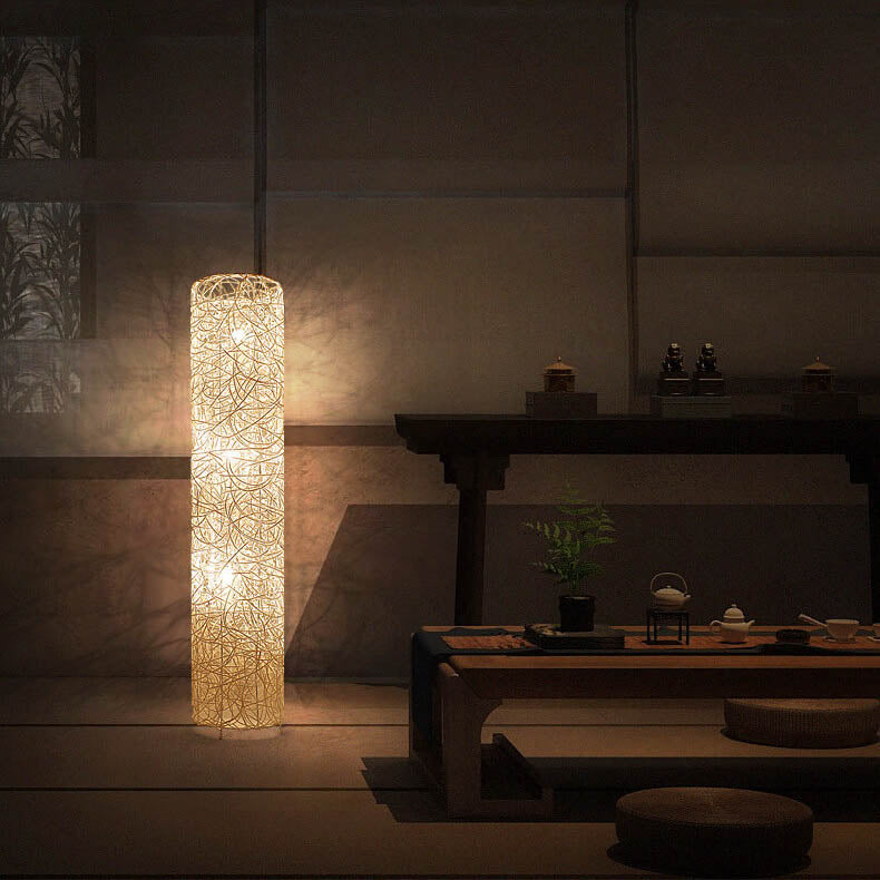 Minimalist Rattan Weaving Column 3-Light Floor Lamp