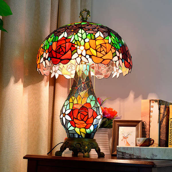 Roses Stained Glass 3-Light Table Lamp