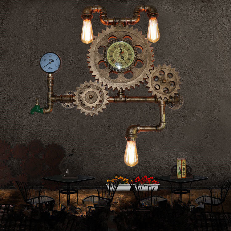 Gear Water Pipe Clock 3-Light Wall Lamp