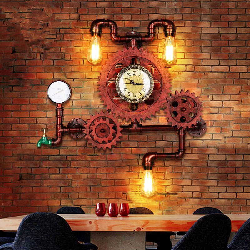 Gear Water Pipe Clock 3-Light Wall Lamp
