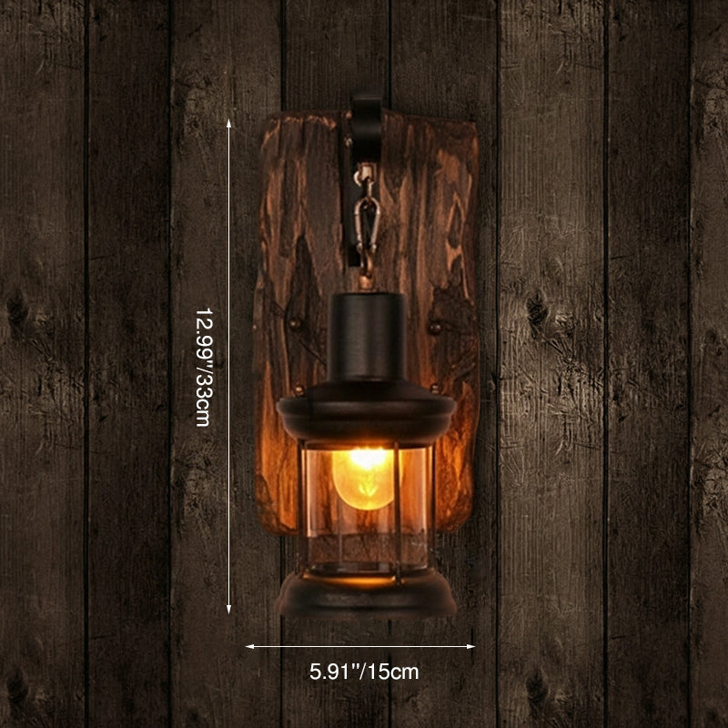 Cylinder Glass Iron Wooden Wall Lamp