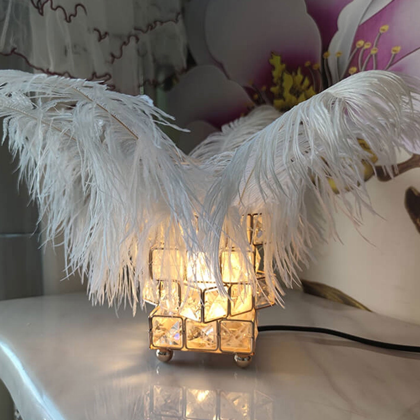 Crystal Cube Ostrich Feather Table Lamp