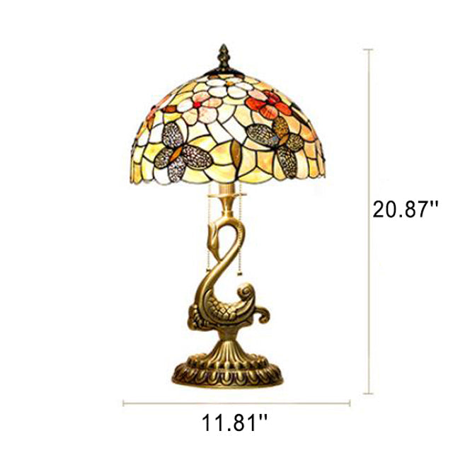 Floral Stained Glass Swan 2-Light Table Lamp