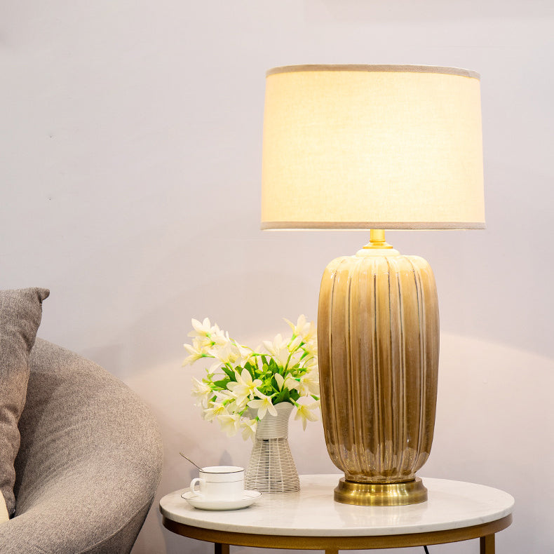 Fabric Ceramic Column Brass Table Lamp