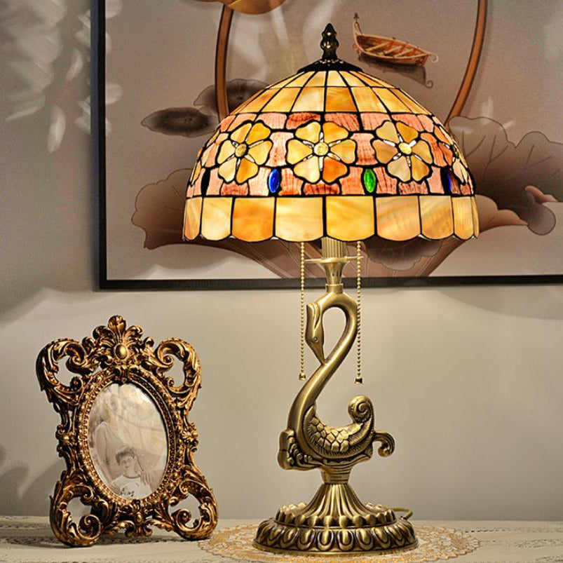 Floral Stained Glass Swan 2-Light Table Lamp