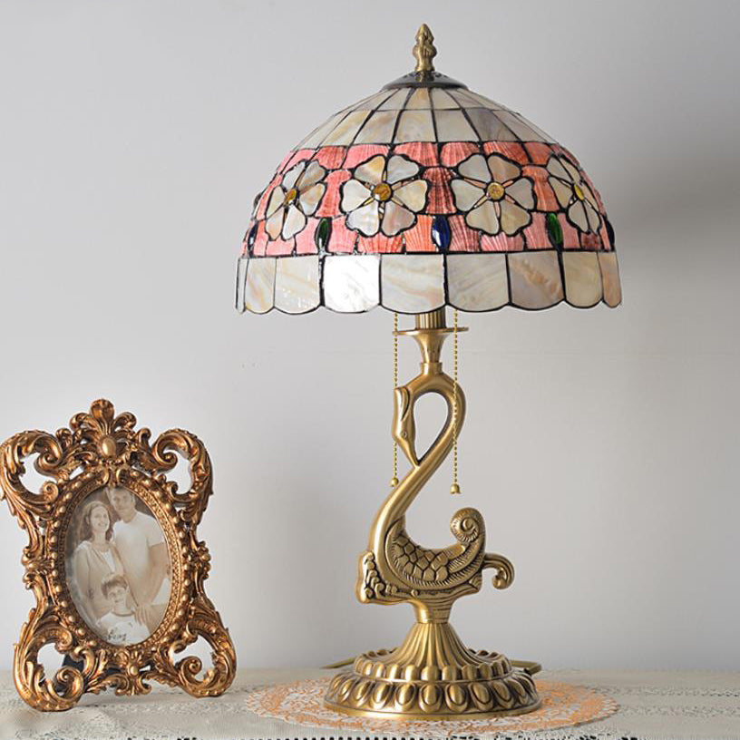 Floral Stained Glass Swan 2-Light Table Lamp