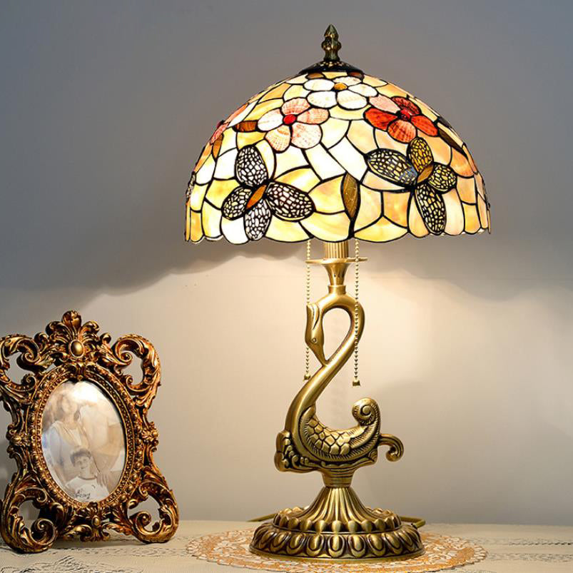 Floral Stained Glass Swan 2-Light Table Lamp