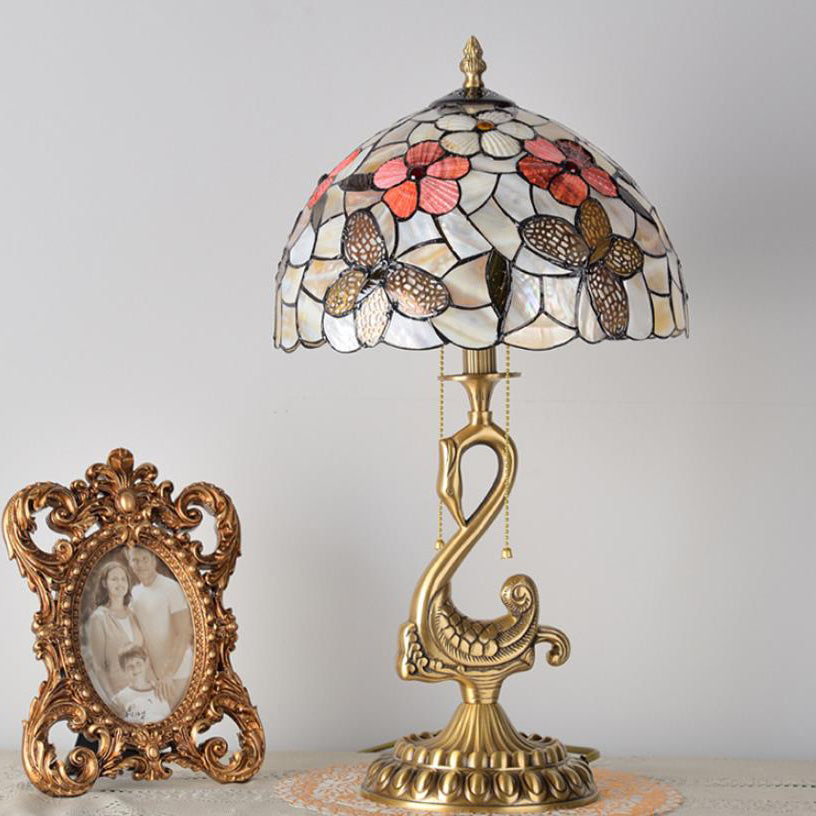 Floral Stained Glass Swan 2-Light Table Lamp