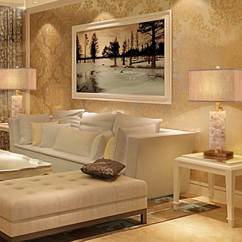Square Fabric Marble Column Table Lamp