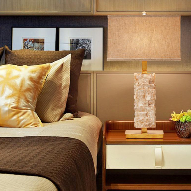 Square Fabric Marble Column Table Lamp
