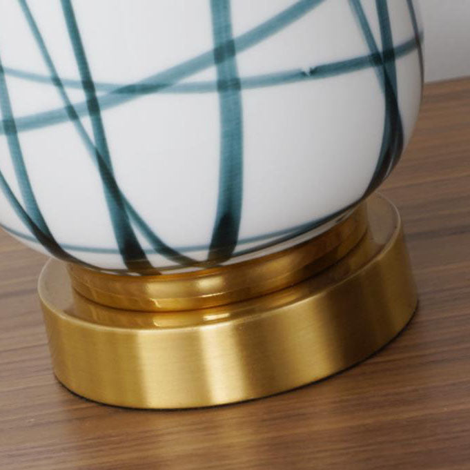 Green Striped Ceramic Drum Table Lamp