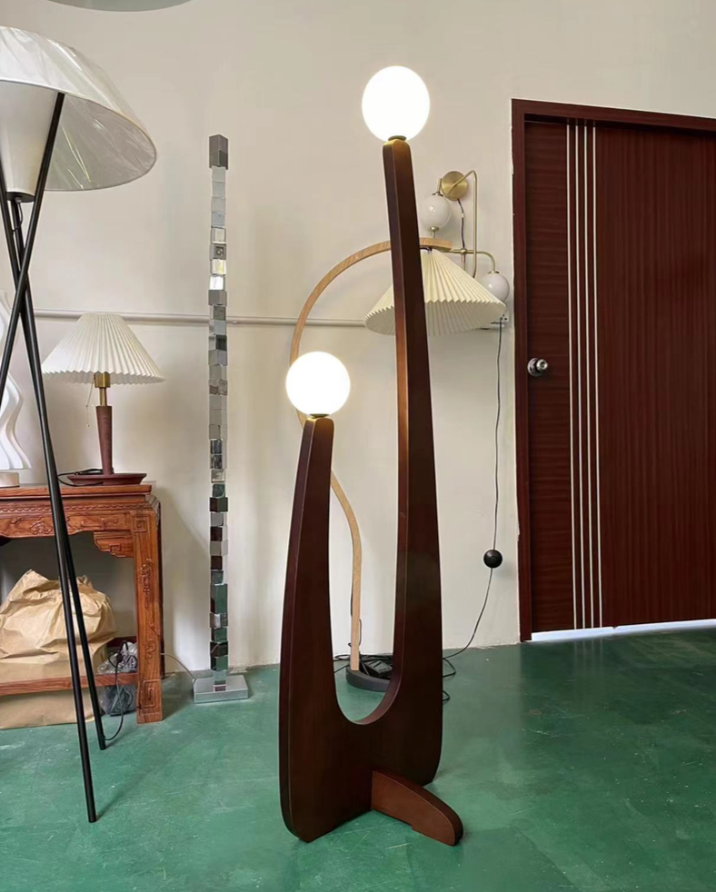 Walnut Solid Wood Glass 2-Light Floor Lamp