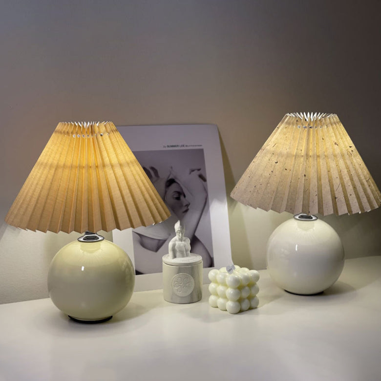 Round Fabric Pleated Ceramic Table Lamp