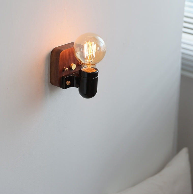 Ceramic Round Glass Wood Wall Lamp