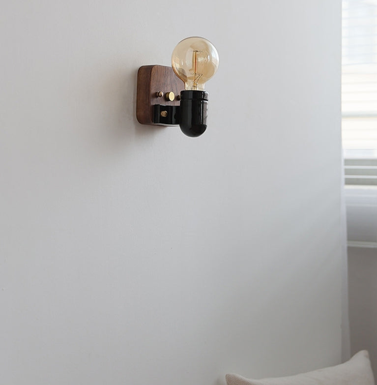 Ceramic Round Glass Wood Wall Lamp