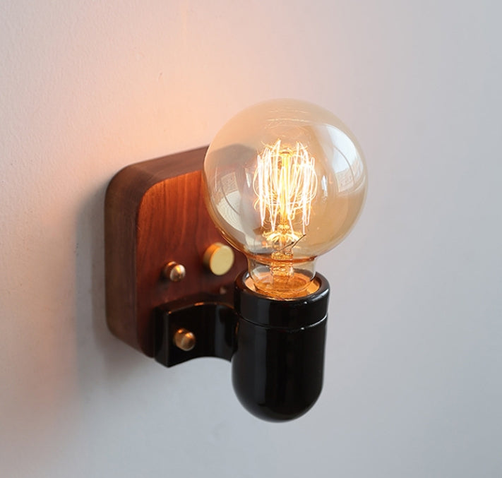 Ceramic Round Glass Wood Wall Lamp