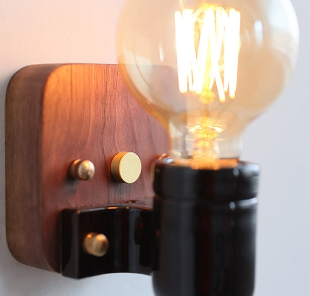 Ceramic Round Glass Wood Wall Lamp