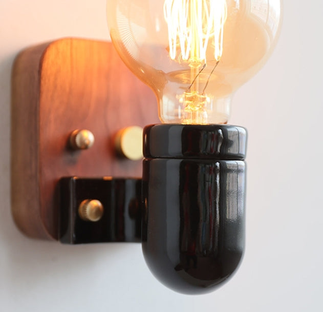 Ceramic Round Glass Wood Wall Lamp