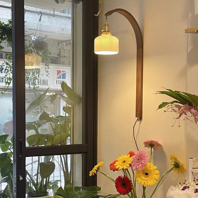 Round Ceramic Glass Wood Wall Lamp