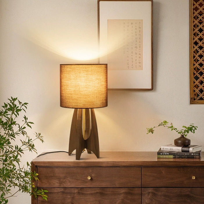 Wood Fabric Cylinder Bedroom Table Lamp