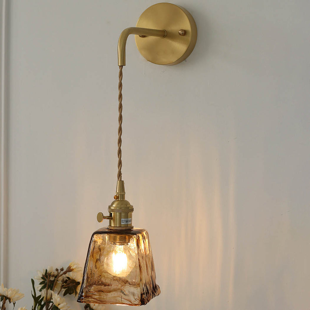 Eclectic Amber Brass Glass Wall Lamp