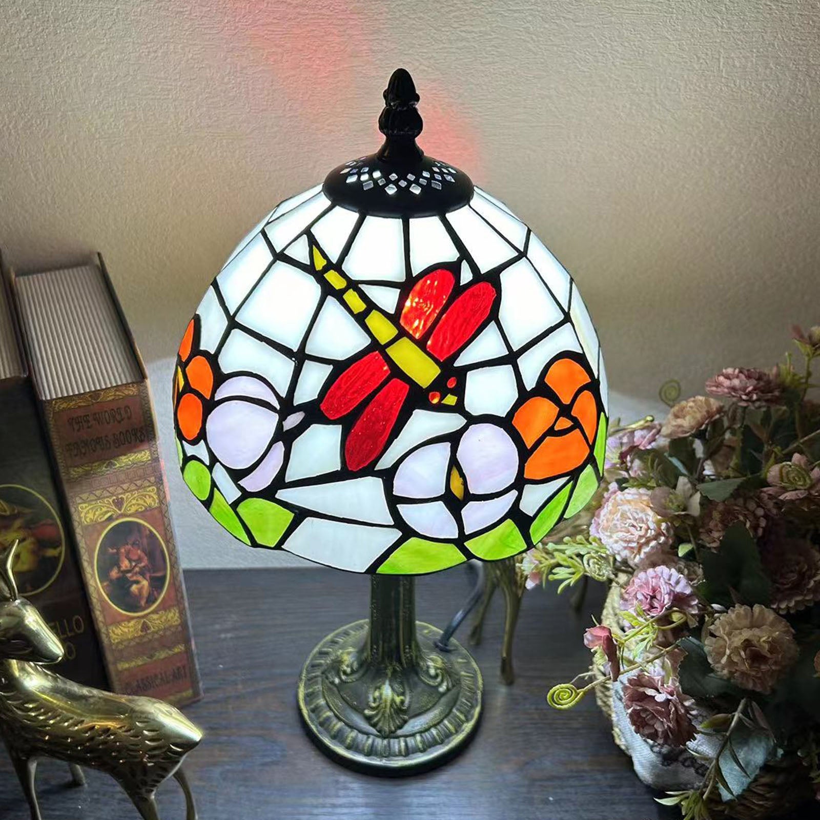 Alloy Glass Dome Flower Table Lamp