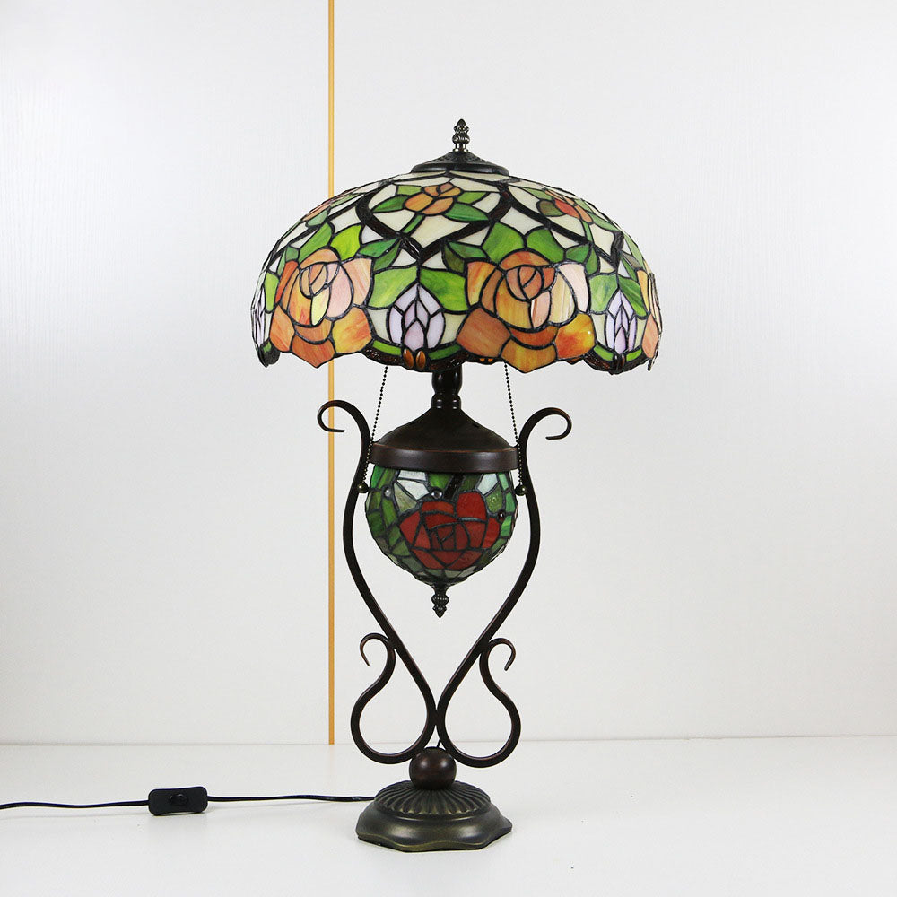 Floral Stained Glass Round 3-Light Table Lamp
