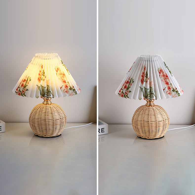 Rattan Fabric Pleated Conic Table Lamp