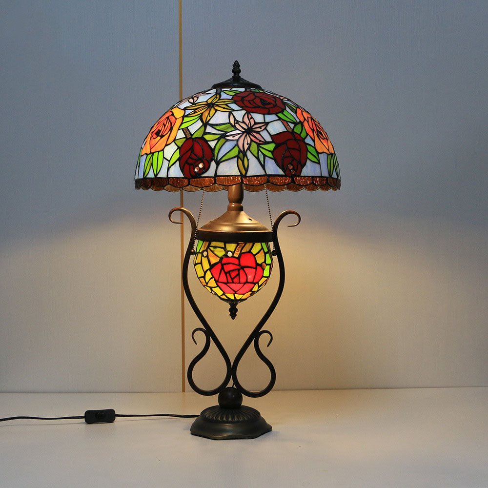 Floral Stained Glass Round 3-Light Table Lamp