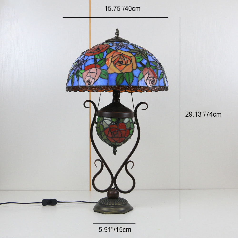Floral Stained Glass Round 3-Light Table Lamp