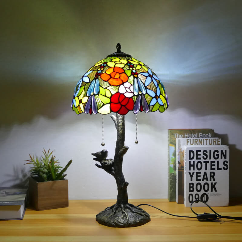 Dragonfly Flower Stained Glass 2-Light Table Lamp