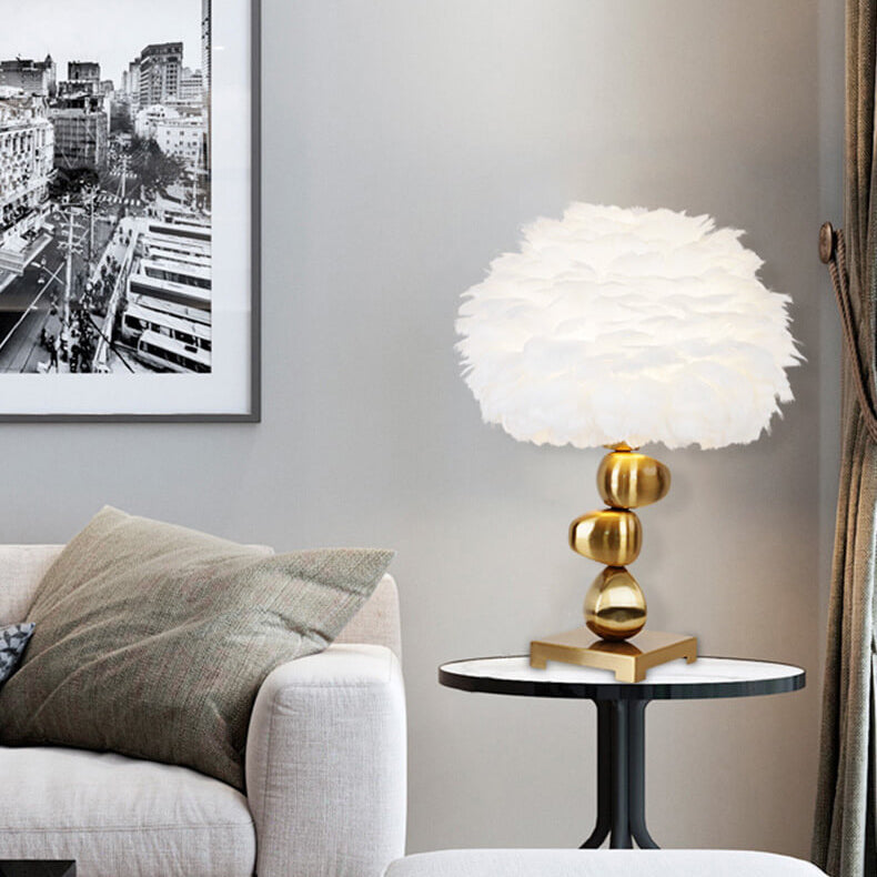 White Feather Pom Pom Table Lamp