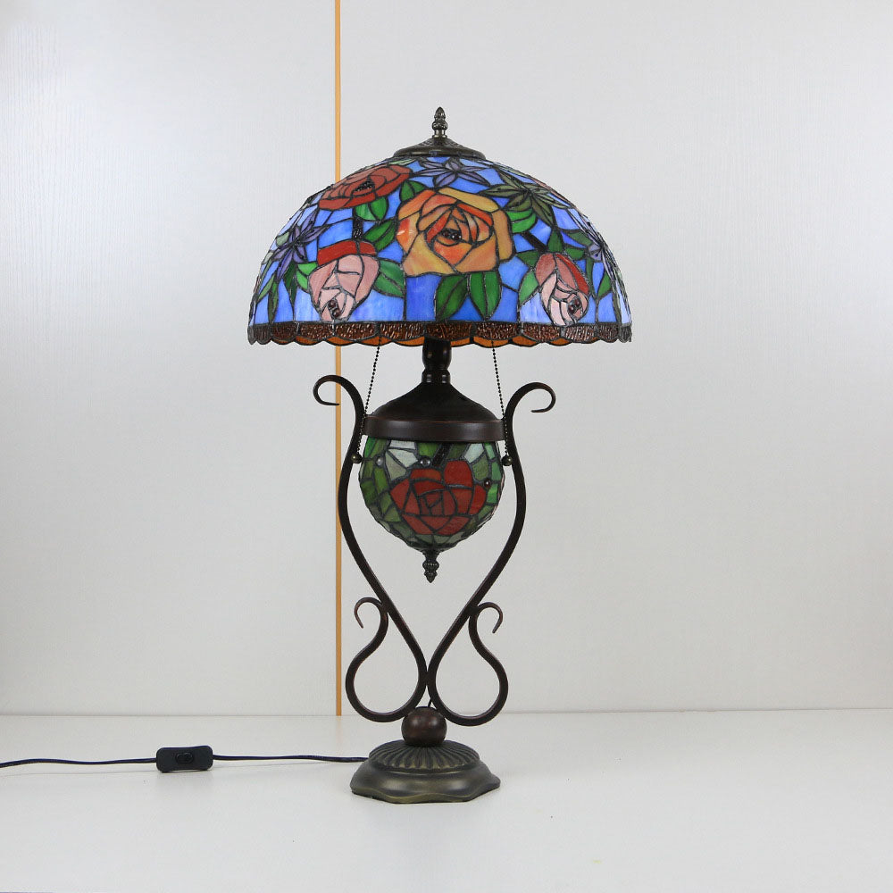 Floral Stained Glass Round 3-Light Table Lamp