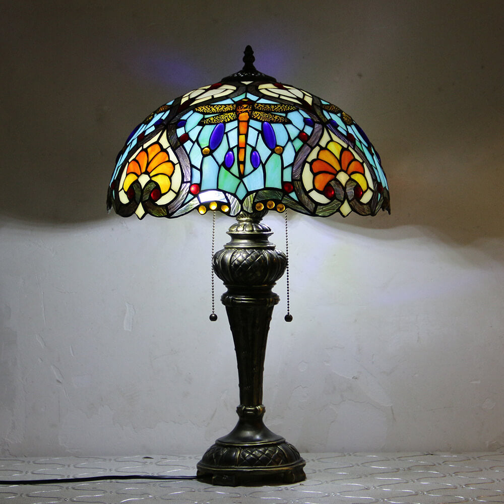 Dragonfly Peacock Glass Resin Table Lamp