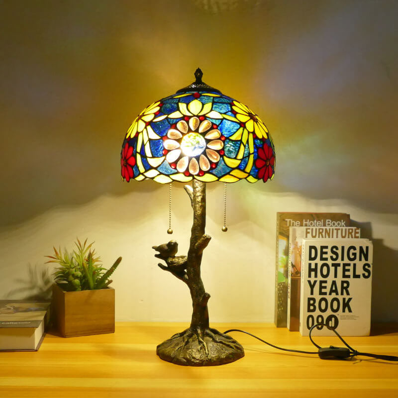 Dragonfly Flower Stained Glass 2-Light Table Lamp